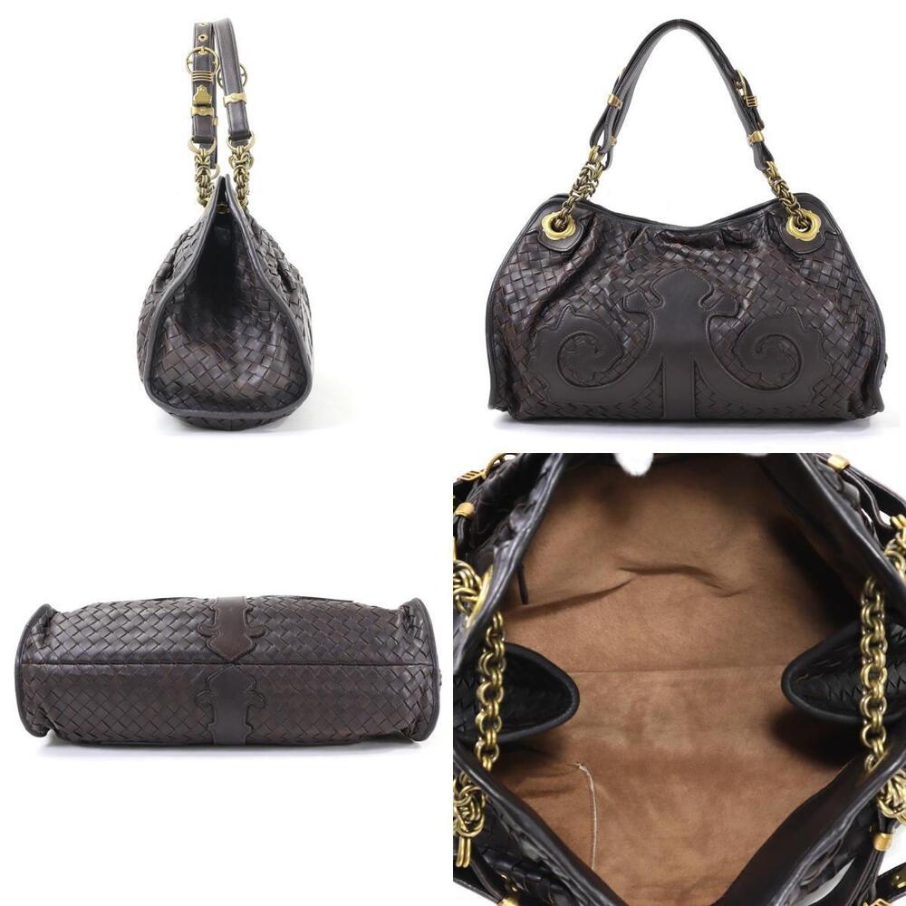 Bottega Veneta intrecciato gold brown leather handbag